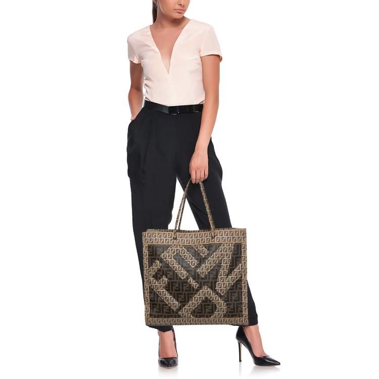 Pre Owned Fendi Brown Zucca and Zucchino Coated Canvas Square Tote