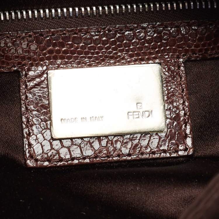Pre Owned Fendi Brown Satin and Lizard Baguette Shoulder Bag