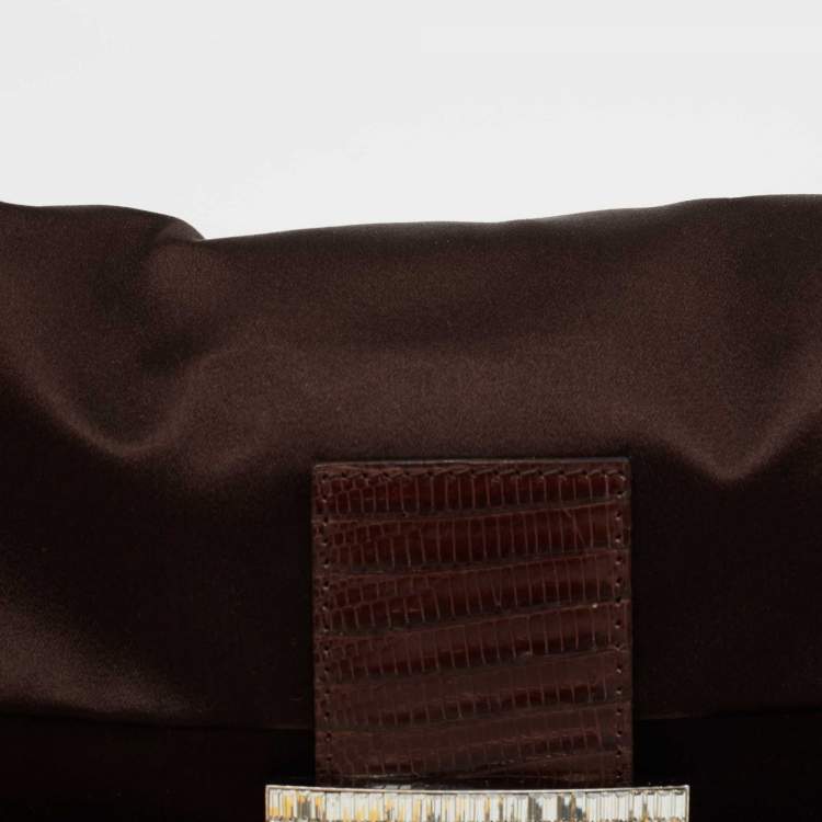 Pre Owned Fendi Brown Satin and Lizard Baguette Shoulder Bag