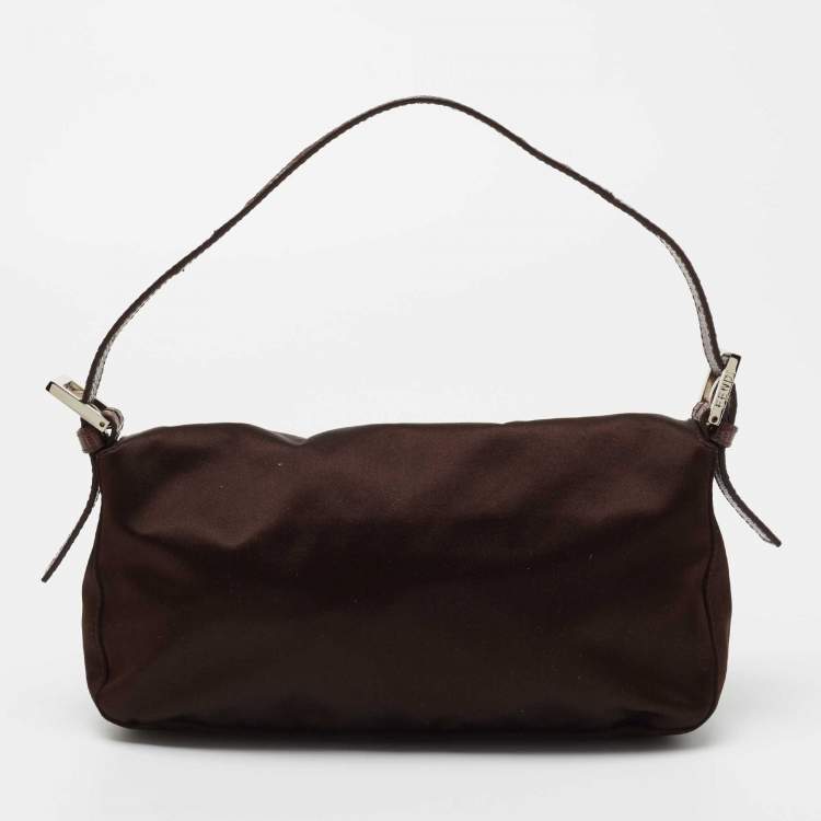 Pre Owned Fendi Brown Satin and Lizard Baguette Shoulder Bag
