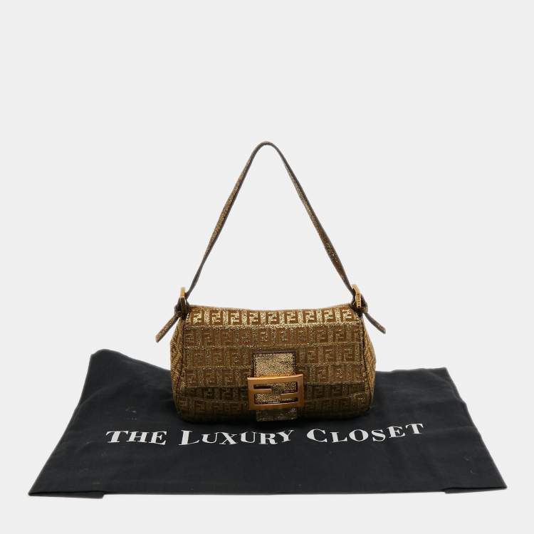 Pre Owned Fendi Metallic Gold Zucca Canvas and Leather Baguette Bag