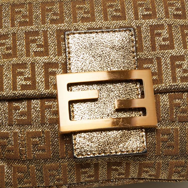 Pre Owned Fendi Metallic Gold Zucca Canvas and Leather Baguette Bag