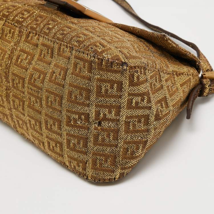 Pre Owned Fendi Metallic Gold Zucca Canvas and Leather Baguette Bag