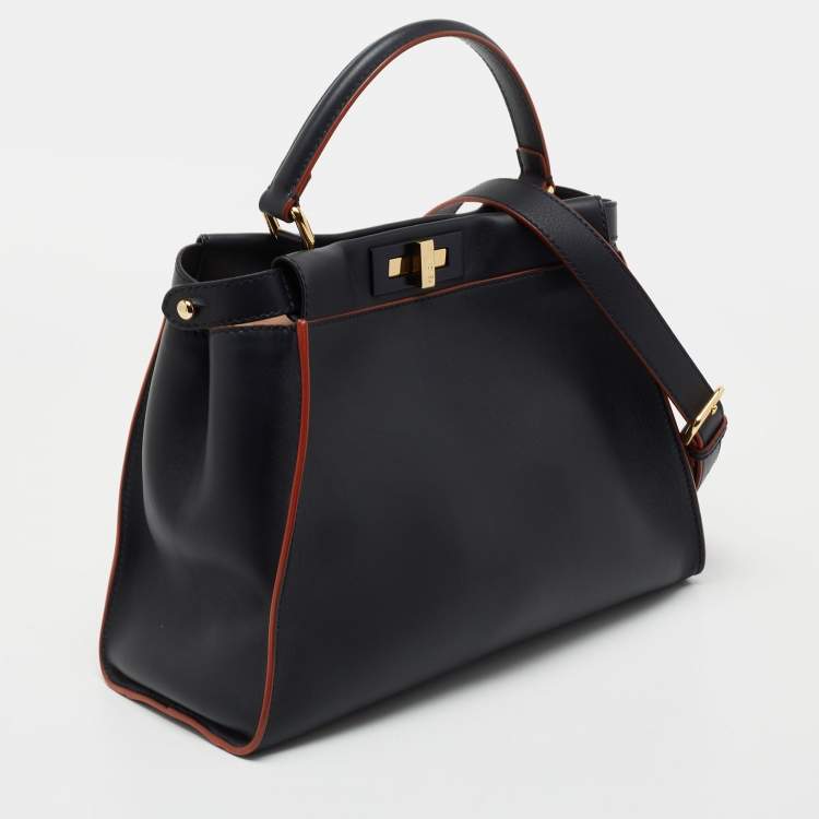 Pre Owned Fendi Navy Blue Leather Peekaboo Medium Top Handle Bag