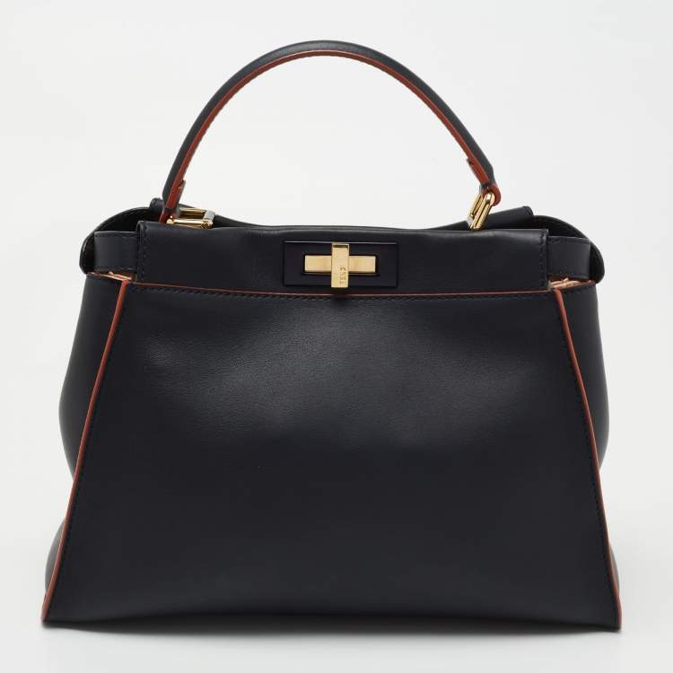 Pre Owned Fendi Navy Blue Leather Peekaboo Medium Top Handle Bag