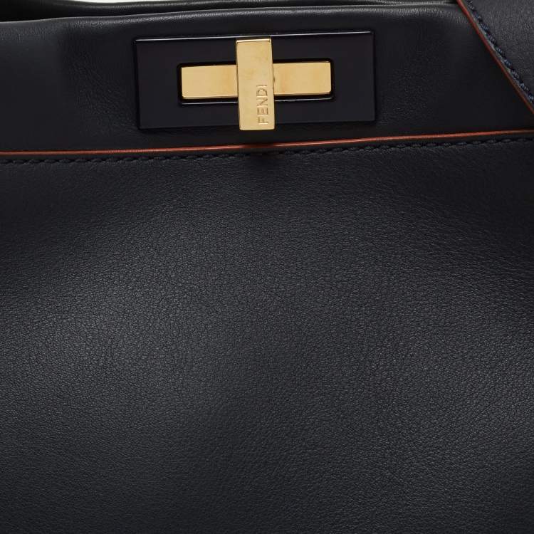 Pre Owned Fendi Navy Blue Leather Peekaboo Medium Top Handle Bag