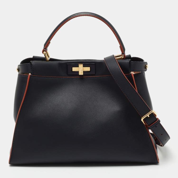 Pre Owned Fendi Navy Blue Leather Peekaboo Medium Top Handle Bag