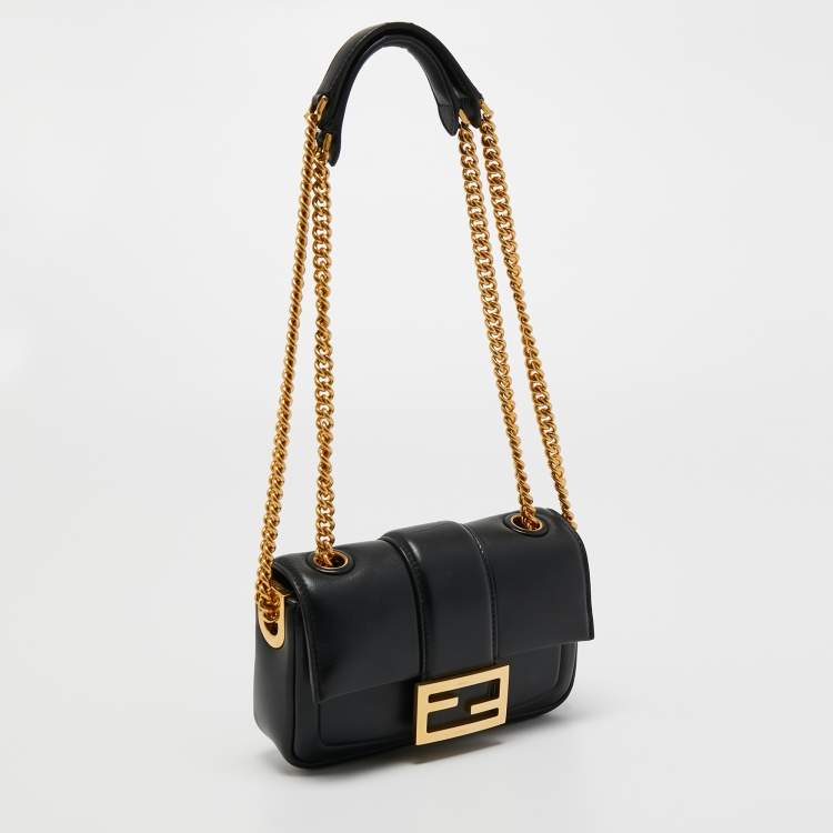 Pre Owned Fendi Black Leather Mini Baguette Crossbody Bag