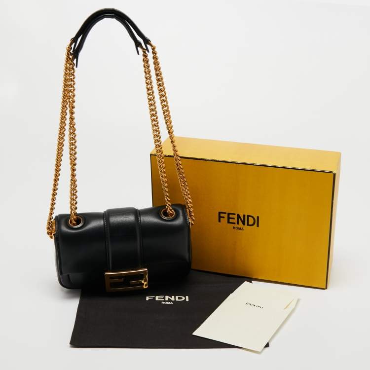 Pre Owned Fendi Black Leather Mini Baguette Crossbody Bag