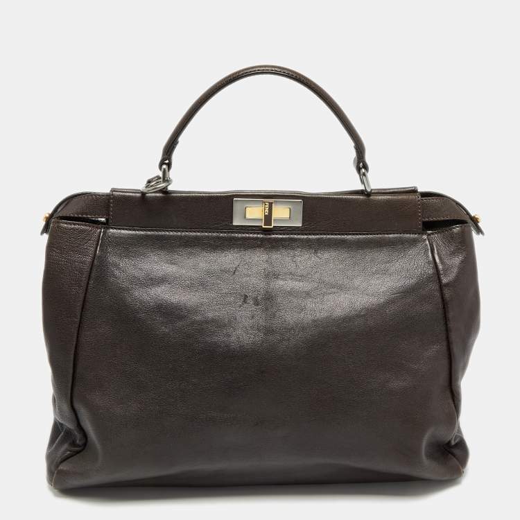 Pre Owned Fendi Brown Leather Large Peekaboo Top Handle Bag