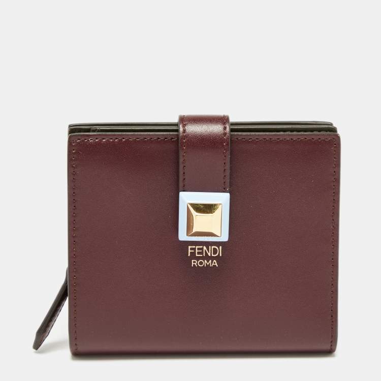 Pre Owned Fendi Burgundy Leather Rainbow Stud Compact Wallet