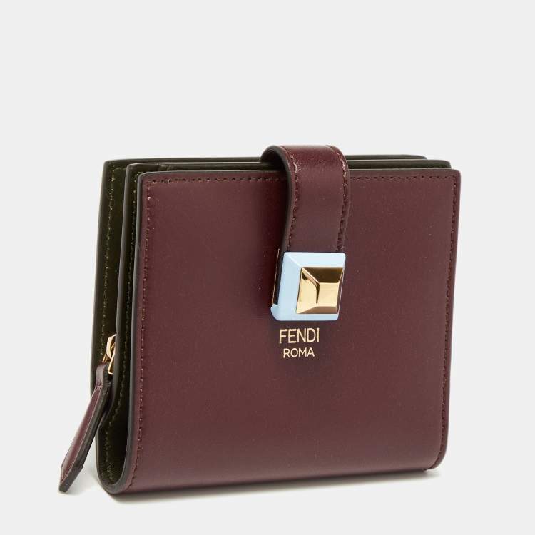 Pre Owned Fendi Burgundy Leather Rainbow Stud Compact Wallet