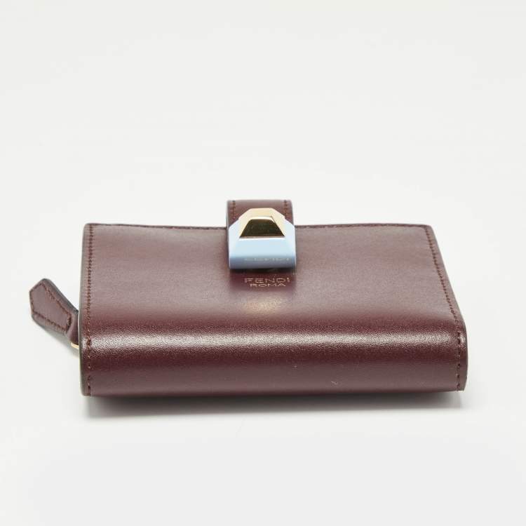 Pre Owned Fendi Burgundy Leather Rainbow Stud Compact Wallet