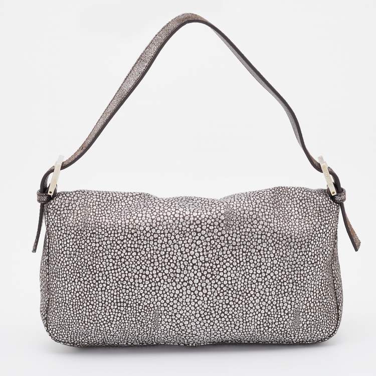 Pre Owned Fendi Silver Lurex Fabric and Leather Baguette Shoulder Bag
