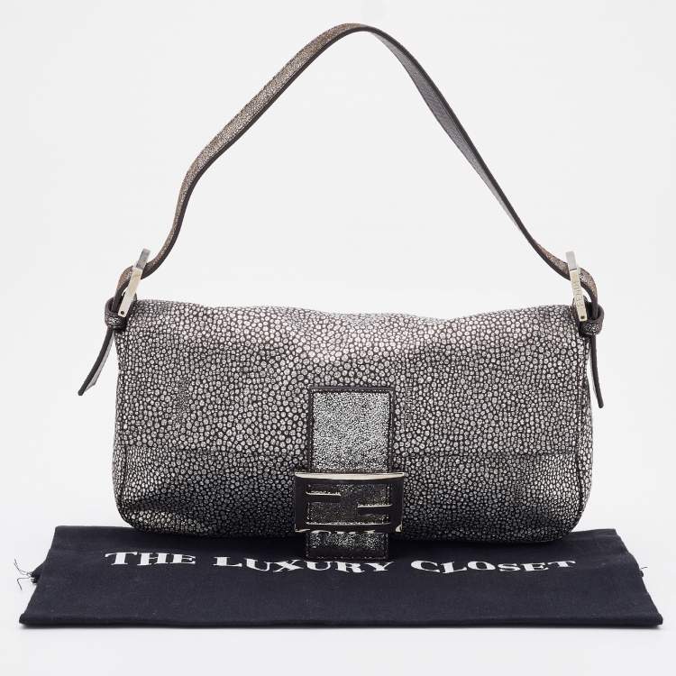Pre Owned Fendi Silver Lurex Fabric and Leather Baguette Shoulder Bag