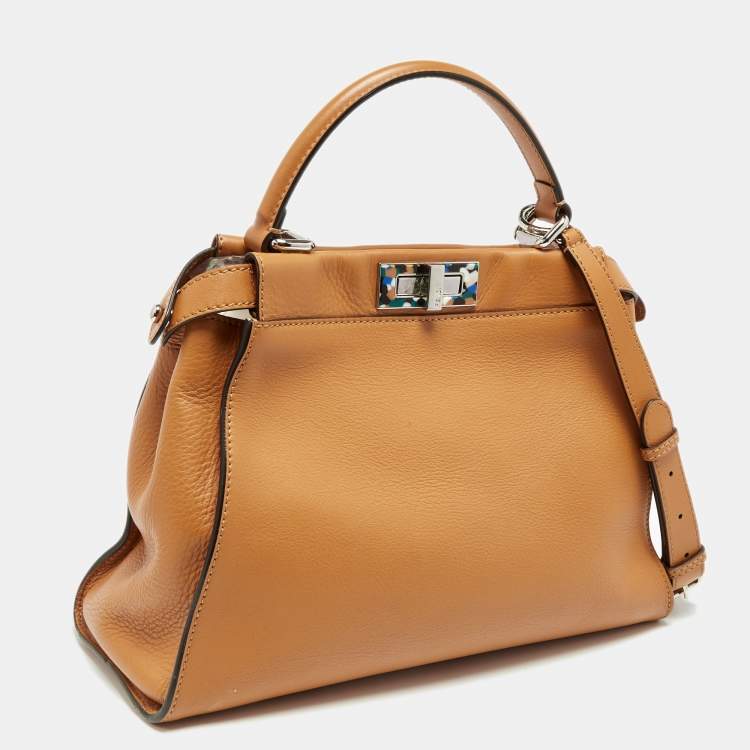 Pre Owned Fendi Brown Leather Medium Granite Peekaboo Top Handle Bag
