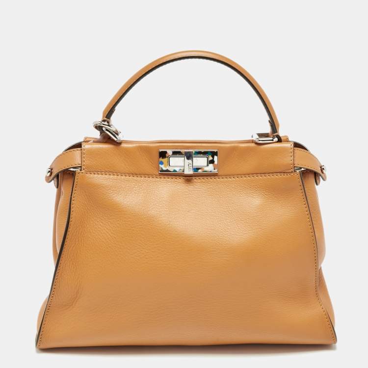 Pre Owned Fendi Brown Leather Medium Granite Peekaboo Top Handle Bag