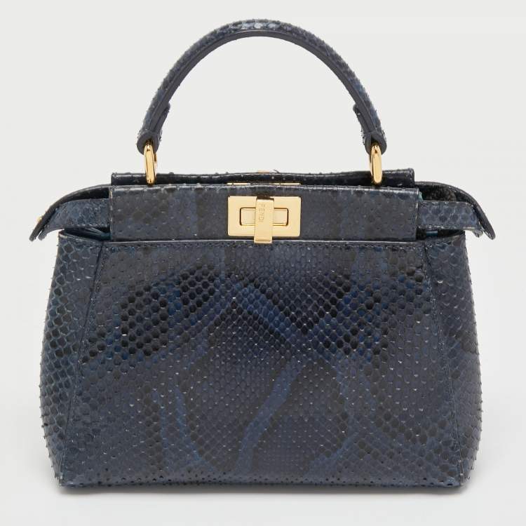 Pre Owned Fendi Blue Python Leather Mini Peekaboo Top Handle Bag