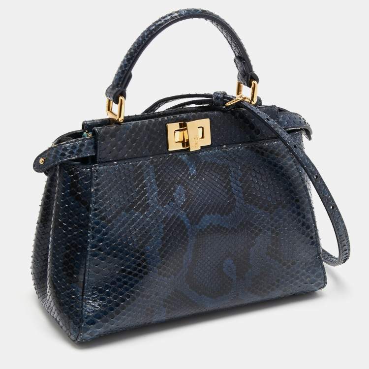 Pre Owned Fendi Blue Python Leather Mini Peekaboo Top Handle Bag
