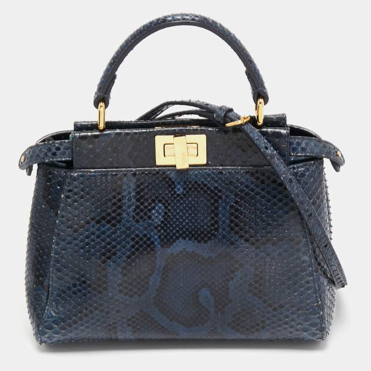 Pre Owned Fendi Blue Python Leather Mini Peekaboo Top Handle Bag