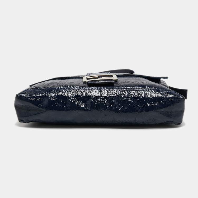 Pre Owned Fendi Navy Blue Patent Leather Maxi Convertible Baguette Bag