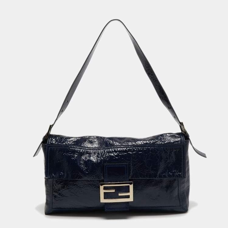 Pre Owned Fendi Navy Blue Patent Leather Maxi Convertible Baguette Bag