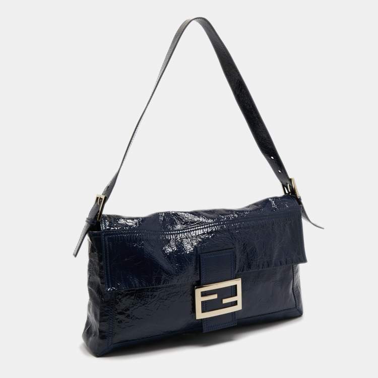 Pre Owned Fendi Navy Blue Patent Leather Maxi Convertible Baguette Bag