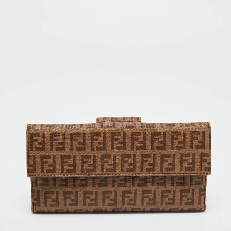 Pre Owned Fendi Beige Zucchino Coated Canvas FF Flap Continental Wallet