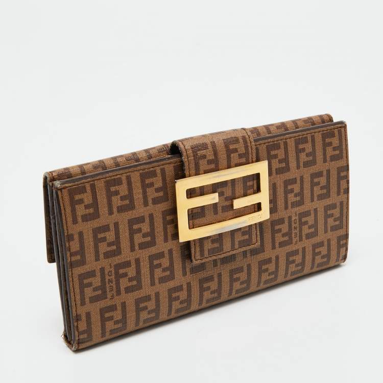 Pre Owned Fendi Beige Zucchino Coated Canvas FF Flap Continental Wallet