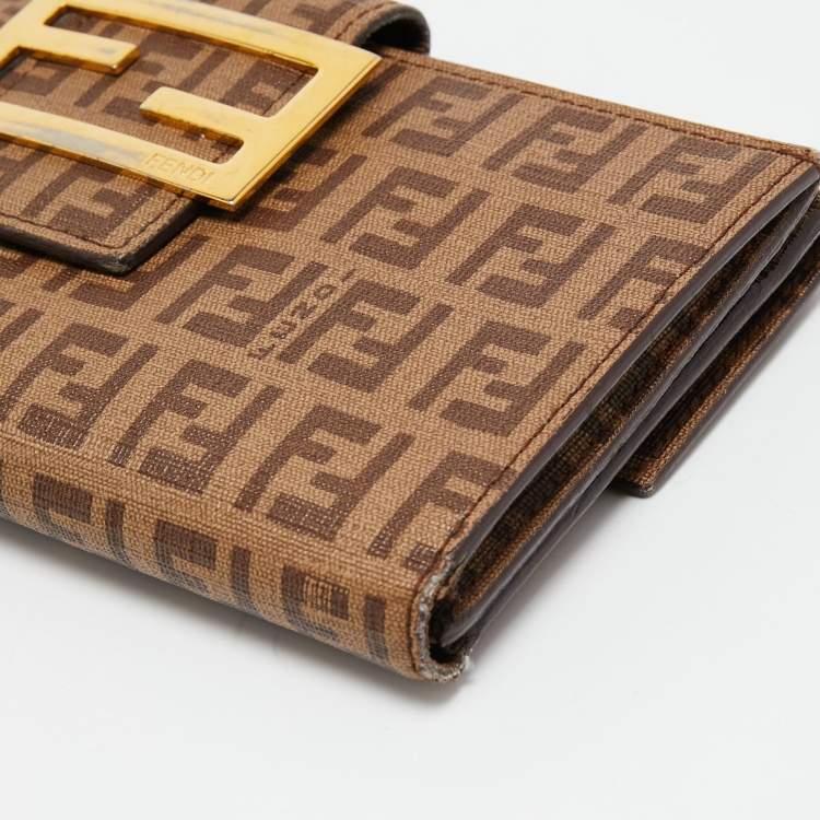 Pre Owned Fendi Beige Zucchino Coated Canvas FF Flap Continental Wallet