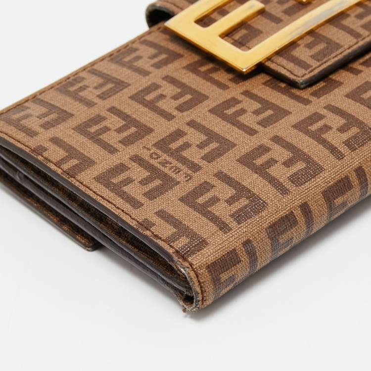 Pre Owned Fendi Beige Zucchino Coated Canvas FF Flap Continental Wallet