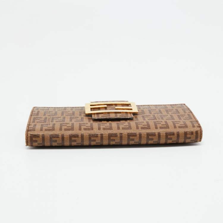 Pre Owned Fendi Beige Zucchino Coated Canvas FF Flap Continental Wallet
