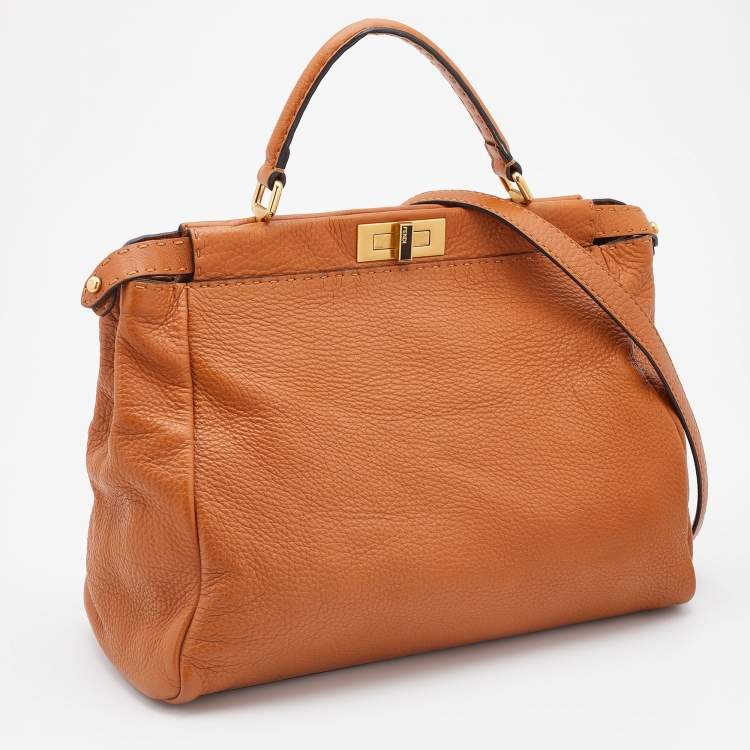Pre Owned Fendi Brown Leather Large Peekaboo Top Handle Bag