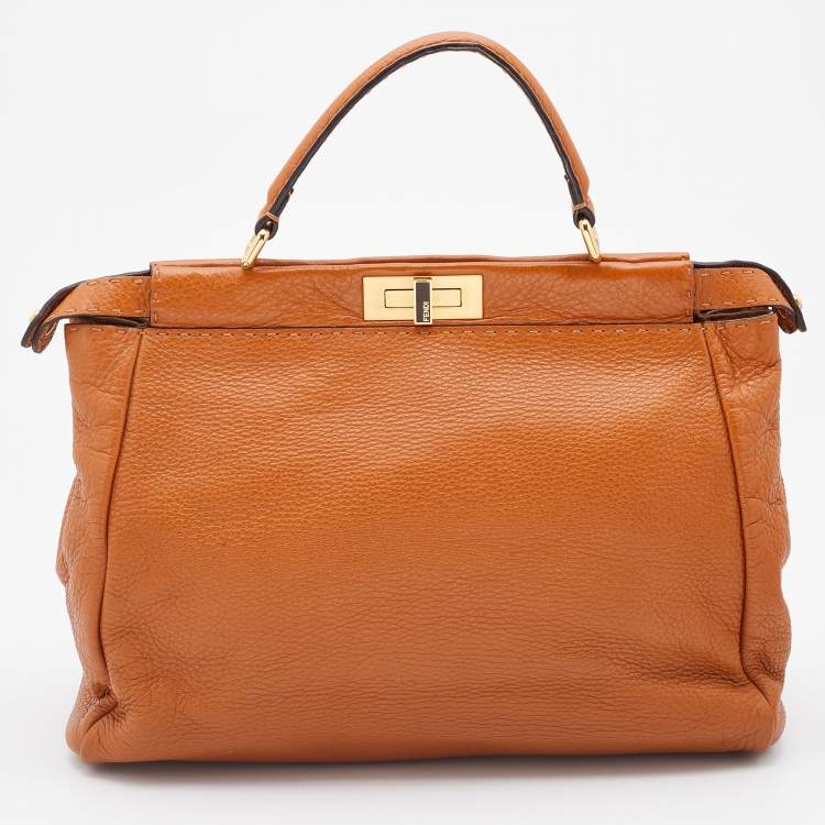Pre Owned Fendi Brown Leather Large Peekaboo Top Handle Bag