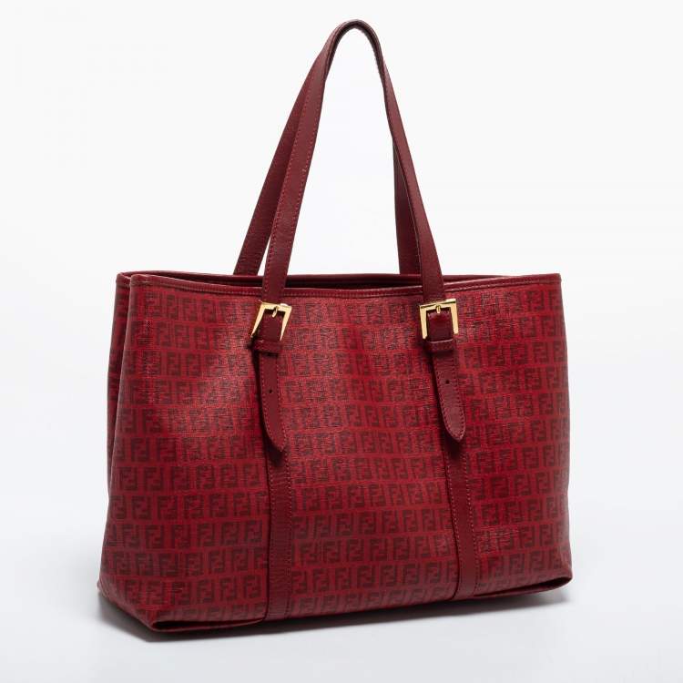 Pre Owned Fendi Burgundy Zucca Coated Canvas and Leather Tote