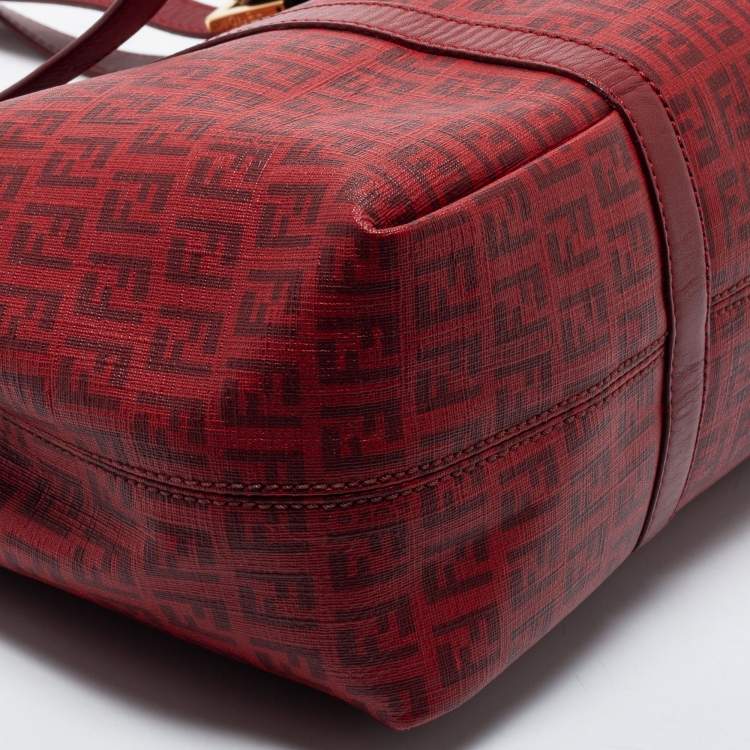 Pre Owned Fendi Burgundy Zucca Coated Canvas and Leather Tote