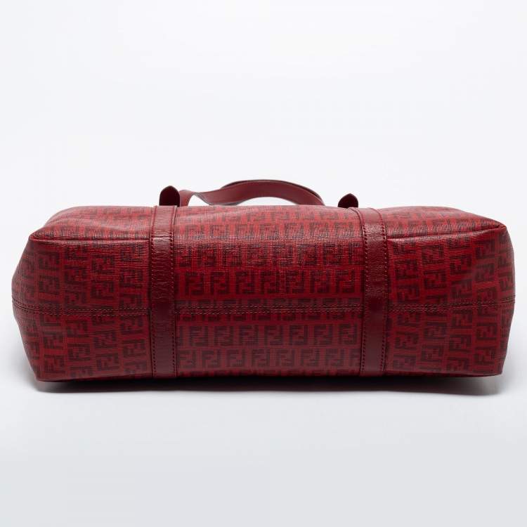 Pre Owned Fendi Burgundy Zucca Coated Canvas and Leather Tote