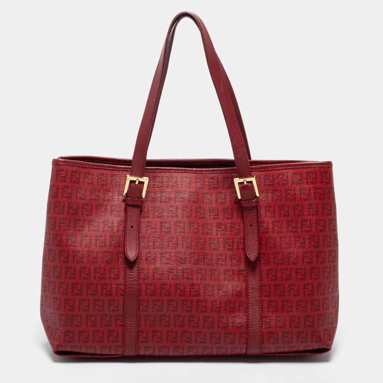Pre Owned Fendi Burgundy Zucca Coated Canvas and Leather Tote