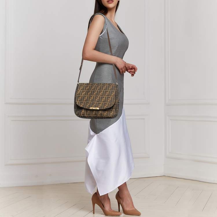 Pre Owned Fendi Tobacco Zucca Canvas Flap Crossbody Bag