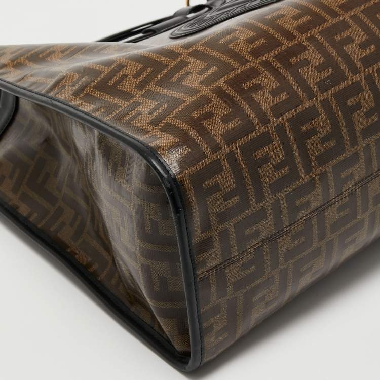 Pre Owned Fendi Tobacco/Black Zucca Coated Canvas and Leather Medium Runaway Shopper Tote