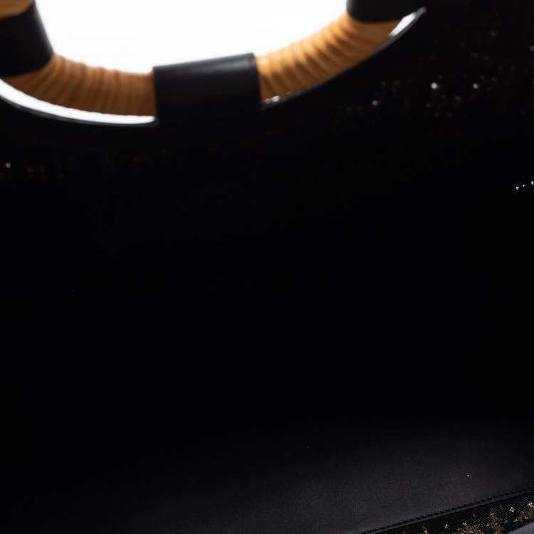 Pre Owned Fendi Black/Beige Woven Raffia and Leather Large Runaway Shopper Tote