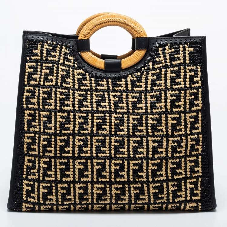 Pre Owned Fendi Black/Beige Woven Raffia and Leather Large Runaway Shopper Tote
