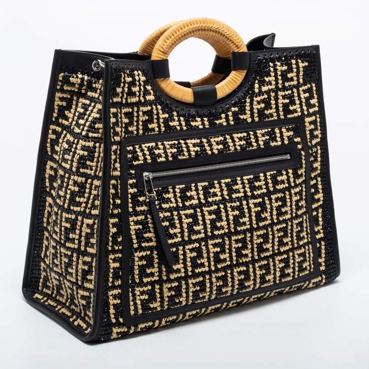 Pre Owned Fendi Black/Beige Woven Raffia and Leather Large Runaway Shopper Tote