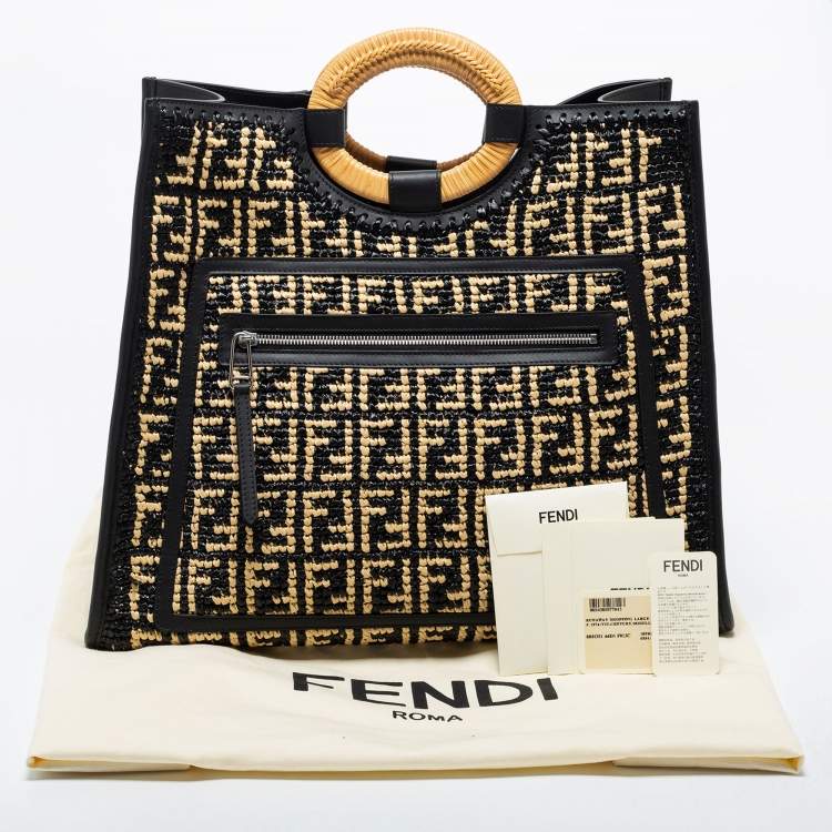 Pre Owned Fendi Black/Beige Woven Raffia and Leather Large Runaway Shopper Tote