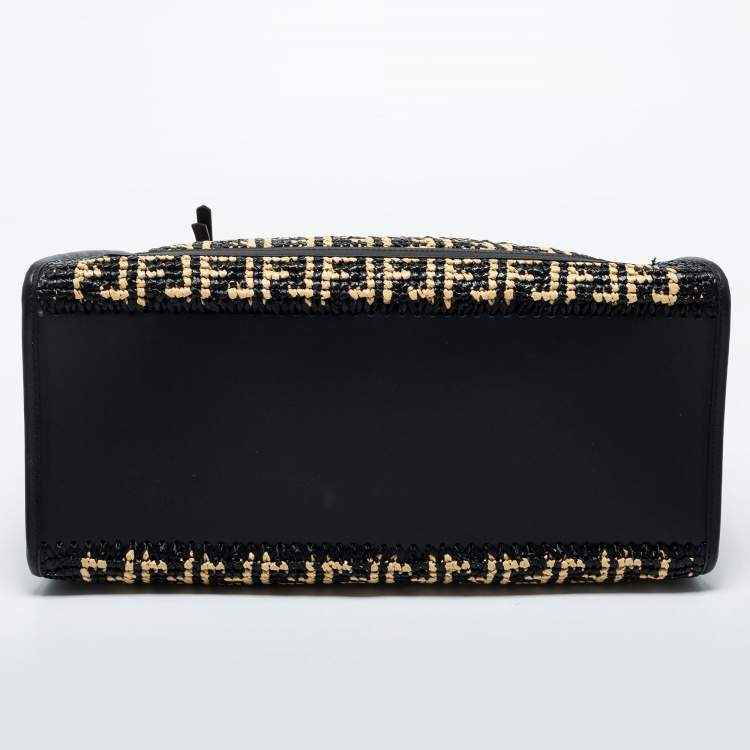 Pre Owned Fendi Black/Beige Woven Raffia and Leather Large Runaway Shopper Tote