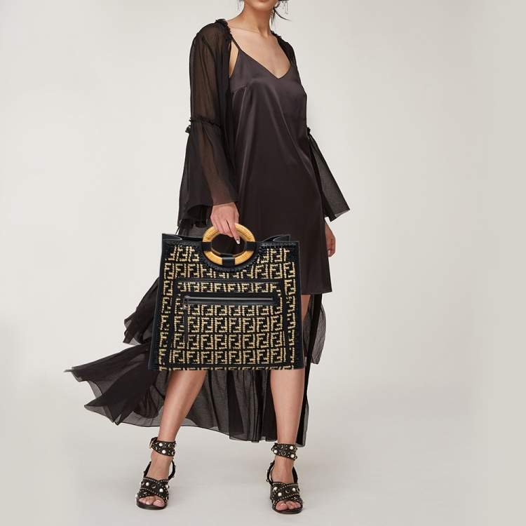 Pre Owned Fendi Black/Beige Woven Raffia and Leather Large Runaway Shopper Tote