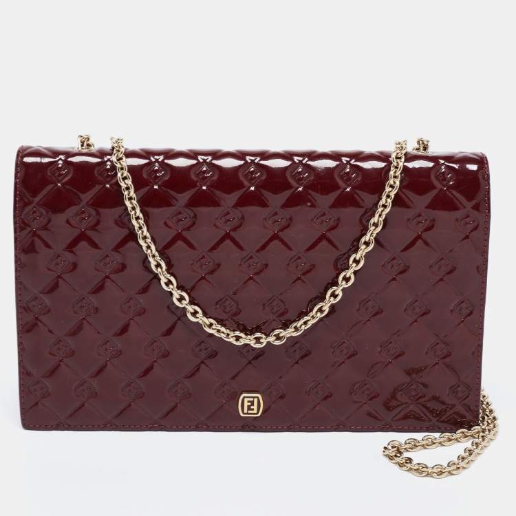 Pre Owned Fendi Burgundy Patent Leather Fendilicious Chain Clutch