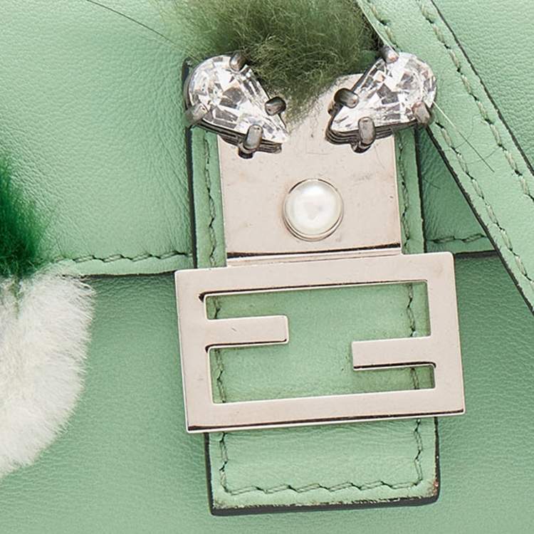 Pre Owned Fendi Green Leather and Fur Micro Monster Baguette Bag