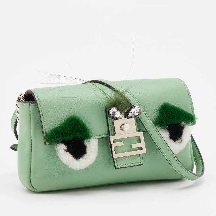 Pre Owned Fendi Green Leather and Fur Micro Monster Baguette Bag