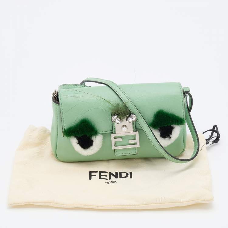 Pre Owned Fendi Green Leather and Fur Micro Monster Baguette Bag